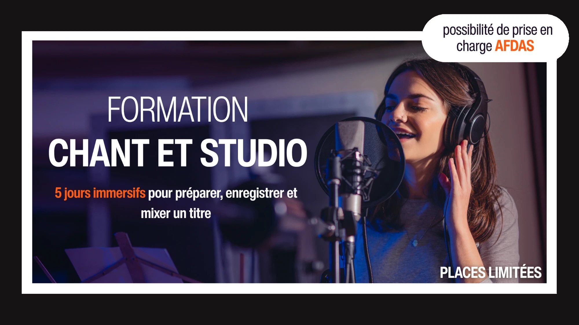 Vocal and studio training: 5 immersive days to prepare, record and mix a song. AFDAS funding possible, limited places.